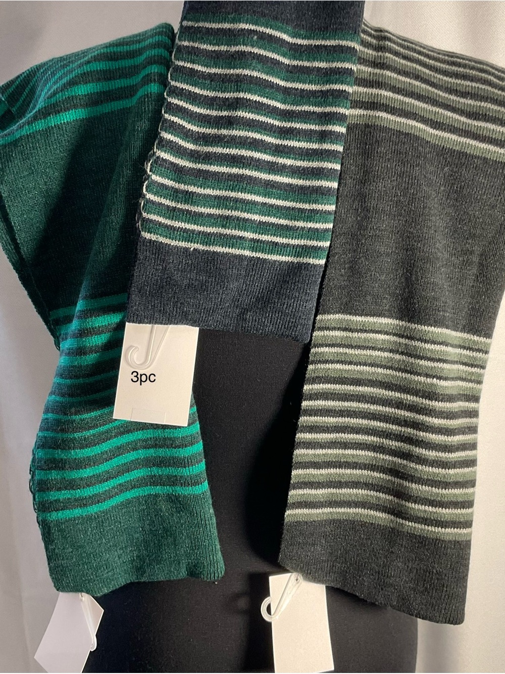 Striped Knit Scarf Set in Green and Gray - 3pc